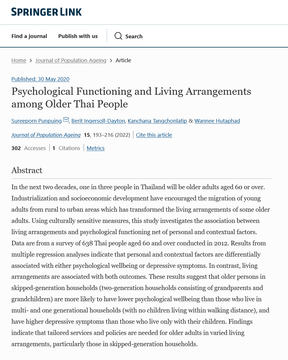 Psychological Functioning and Living Arrangements among Older Thai People