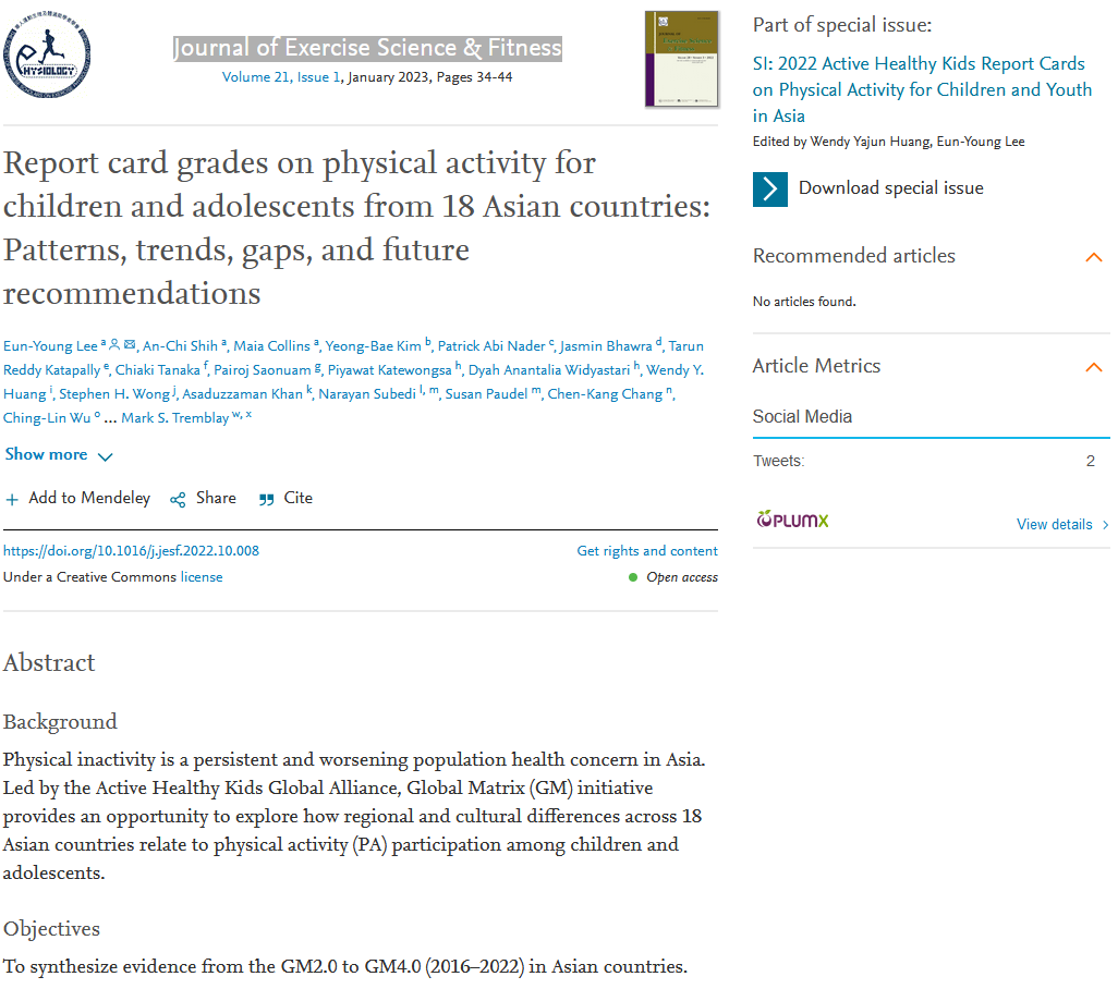 Report card grades on physical activity for children and adolescents from 18 Asian countries: Patterns, trends, gaps, and future recommendations