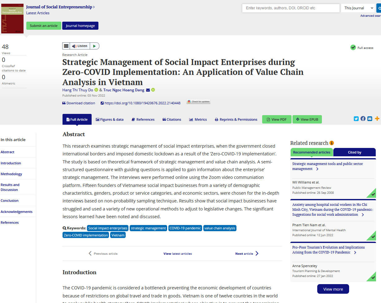 Strategic Management of Social Impact Enterprises during Zero-COVID Implementation: An Application of Value Chain Analysis in Vietnam