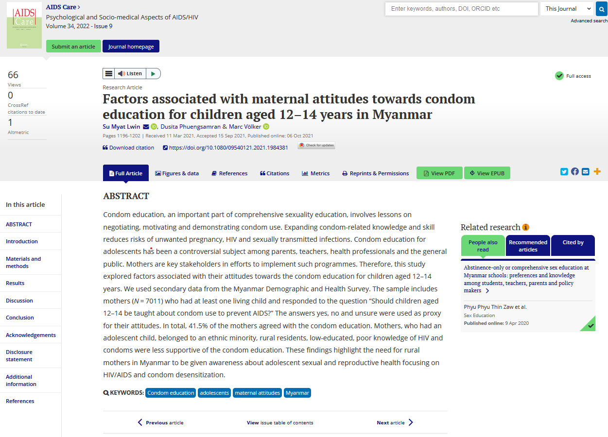 Factors associated with maternal attitudes towards condom education for children aged 12 – 14 years in Myanmar