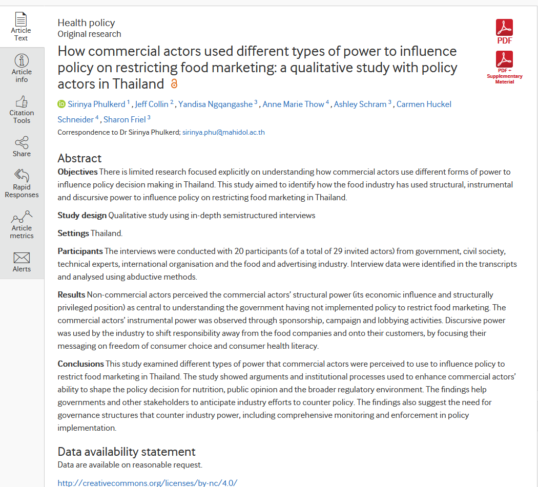 How commercial actors used different types of power to influence policy on restricting food marketing: a qualitative study with policy actors in Thailand
