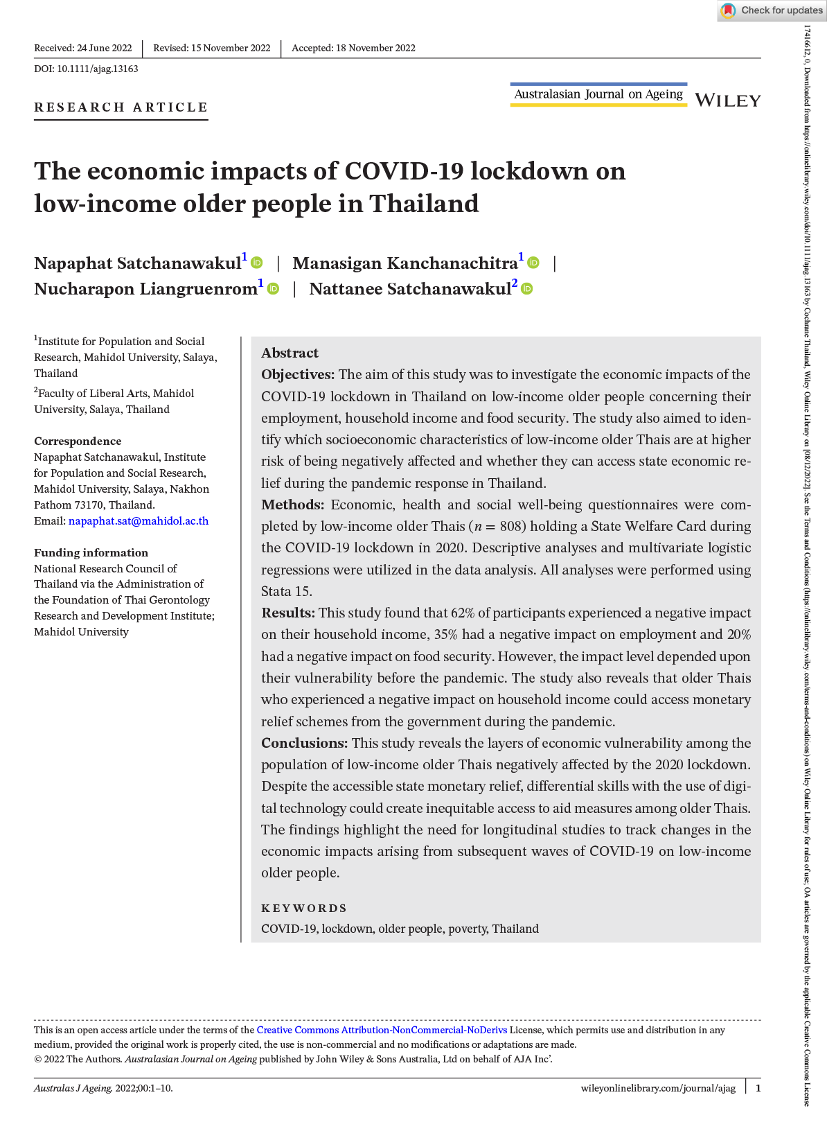 The economic impacts of COVID‐19 lockdown on low‐income older people in Thailand