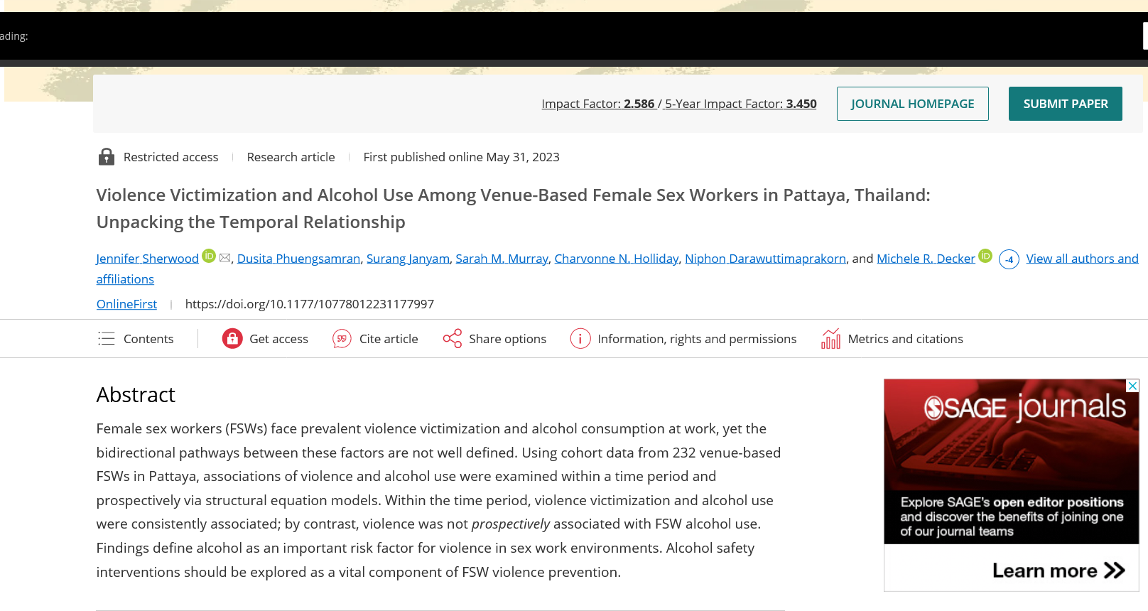 Violence  Victimization and Alcohol Use Among Venue-Based Female Sex Workers in Pattaya, Thailand: Unpacking the Temporal Relationship
