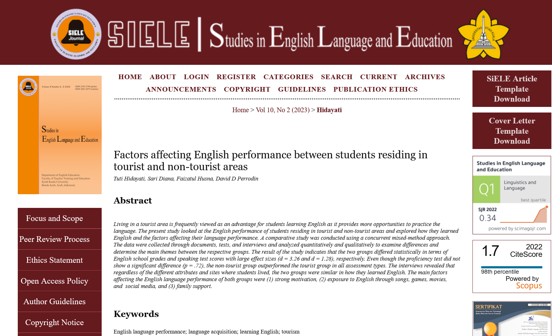 Factors affecting English performance between students residing in tourist and non-tourist areas