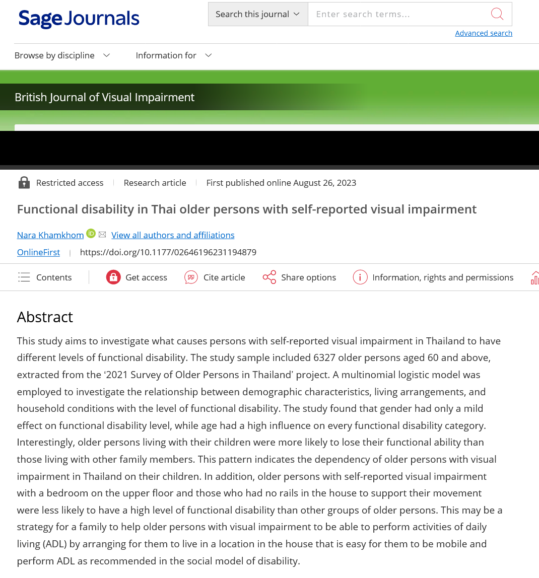 Functional disability in Thai older persons with self-reported visual impairment