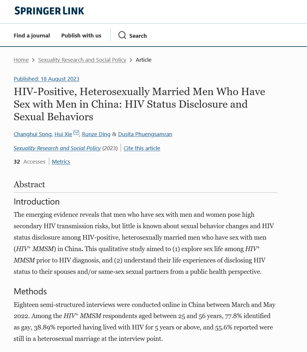 HIV-Positive, Heterosexually Married Men Who Have Sex with Men in China: HIV Status Disclosure and Sexual Behaviors