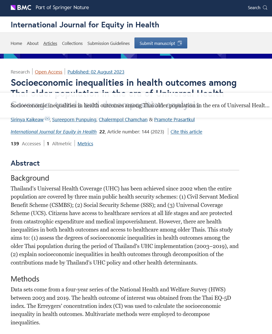 Socioeconomic inequalities in health outcomes among Thai older population in the era of Universal Health Coverage: trends and decomposition analysis