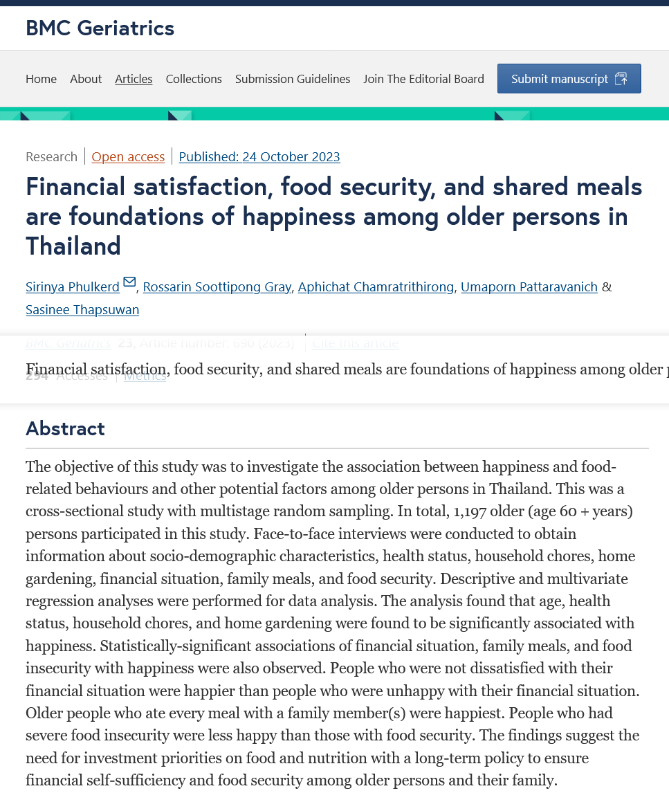 Financial satisfaction, food security, and shared meals are foundations of happiness among older persons in Thailand
