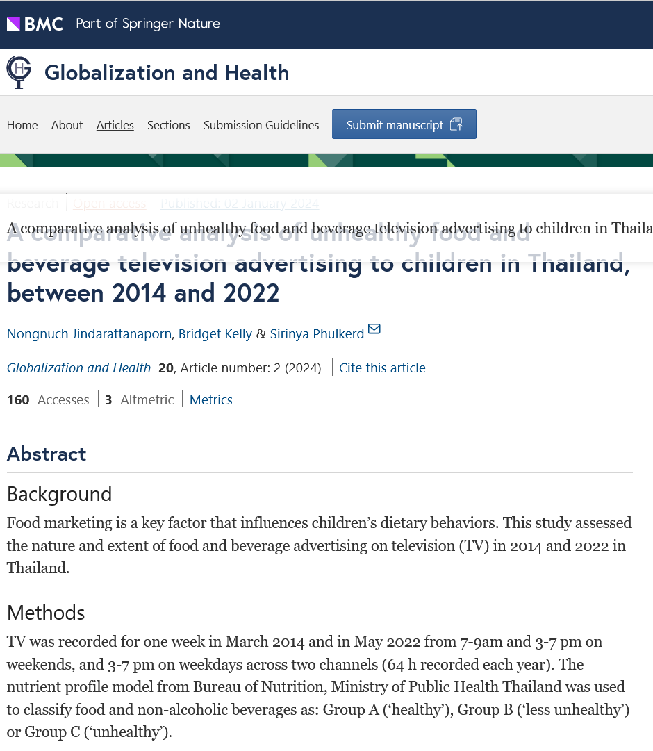 A Comparative Analysis of Unhealthy Food and Beverage Television Advertising to Children in Thailand, between 2014 and 2022