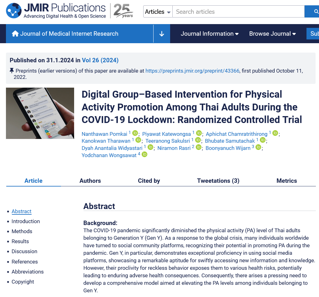 Digital Group–Based Intervention for Physical Activity Promotion Among Thai Adults During the COVID-19 Lockdown: Randomized Controlled Trial