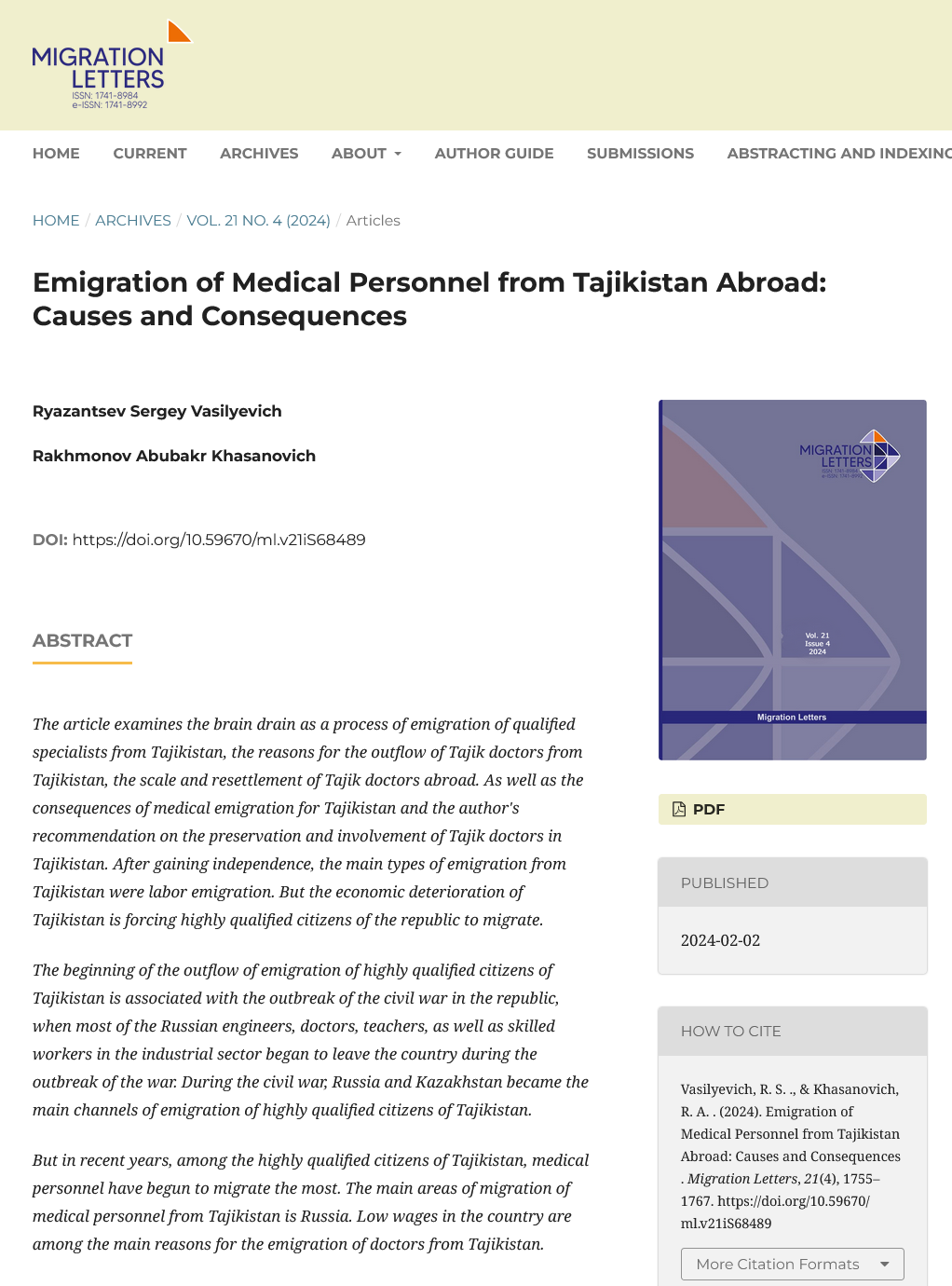 Emigration of Medical Personnel from Tajikistan Abroad: Causes and Consequences