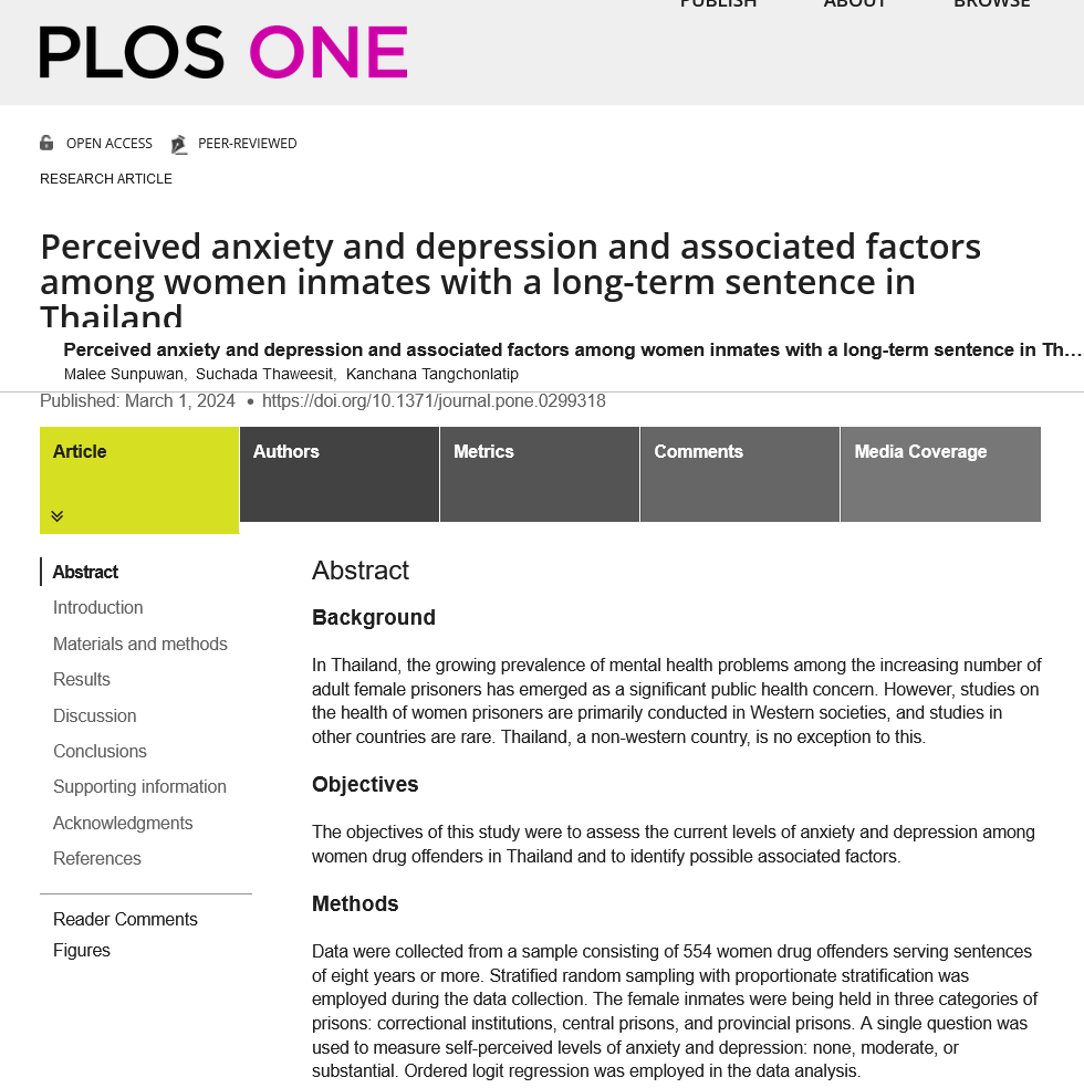 Perceived anxiety and depression and associated factors among women inmates with a long-term sentence in Thailand