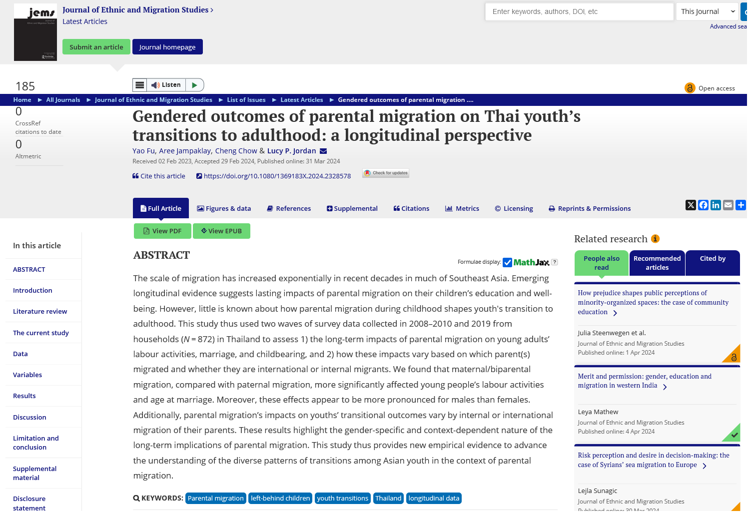 Gendered outcomes of parental migration on Thai youth’s transitions to adulthood: a longitudinal perspective
