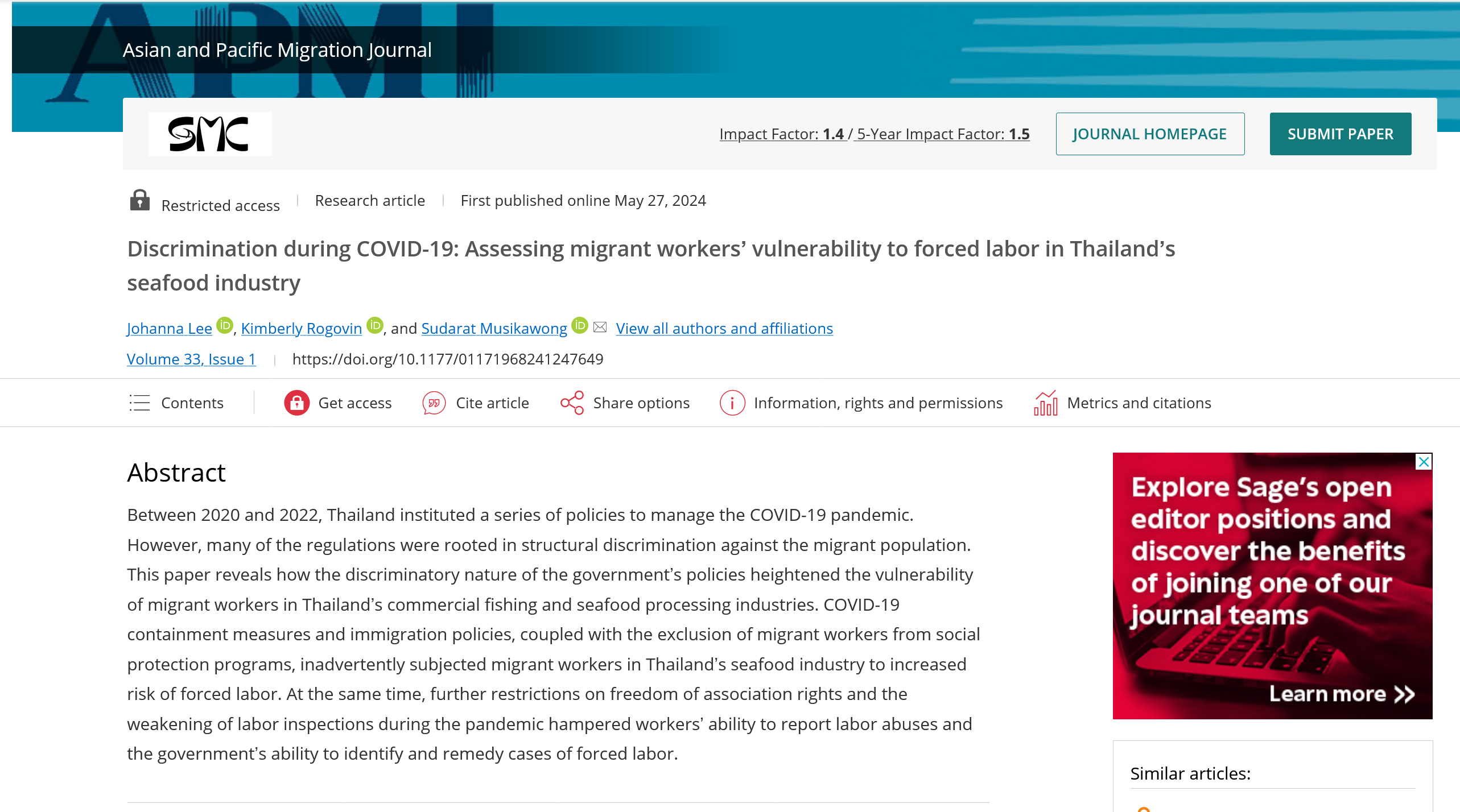 Discrimination during COVID-19: Assessing migrant workers’ vulnerability to forced labor in Thailand’s seafood industry