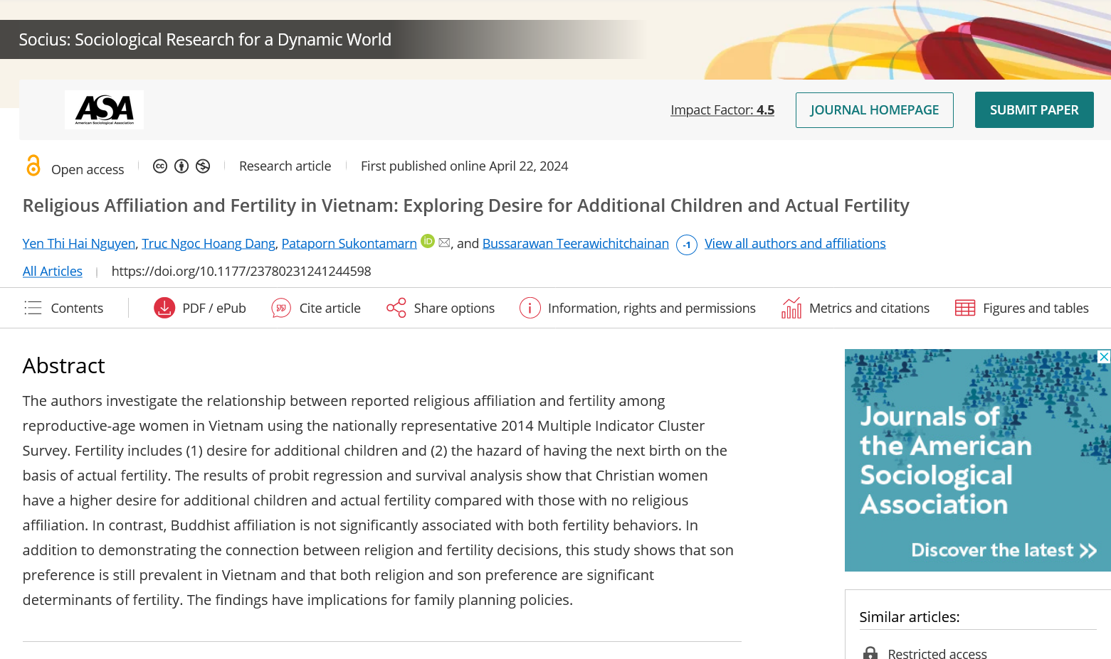 Religious Affiliation and Fertility in Vietnam: Exploring Desire for Additional Children and Actual Fertility