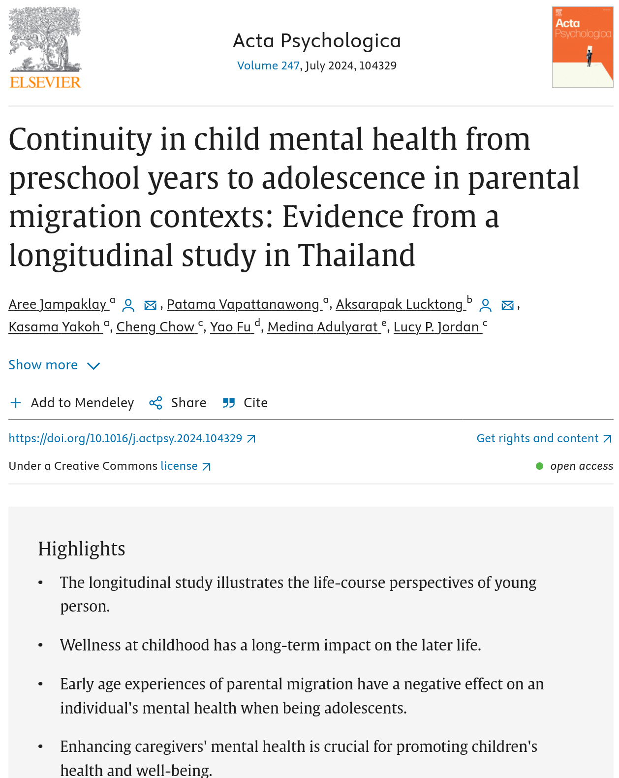 Continuity in child mental health from preschool years to adolescence in parental migration contexts: Evidence from a longitudinal study in Thailand