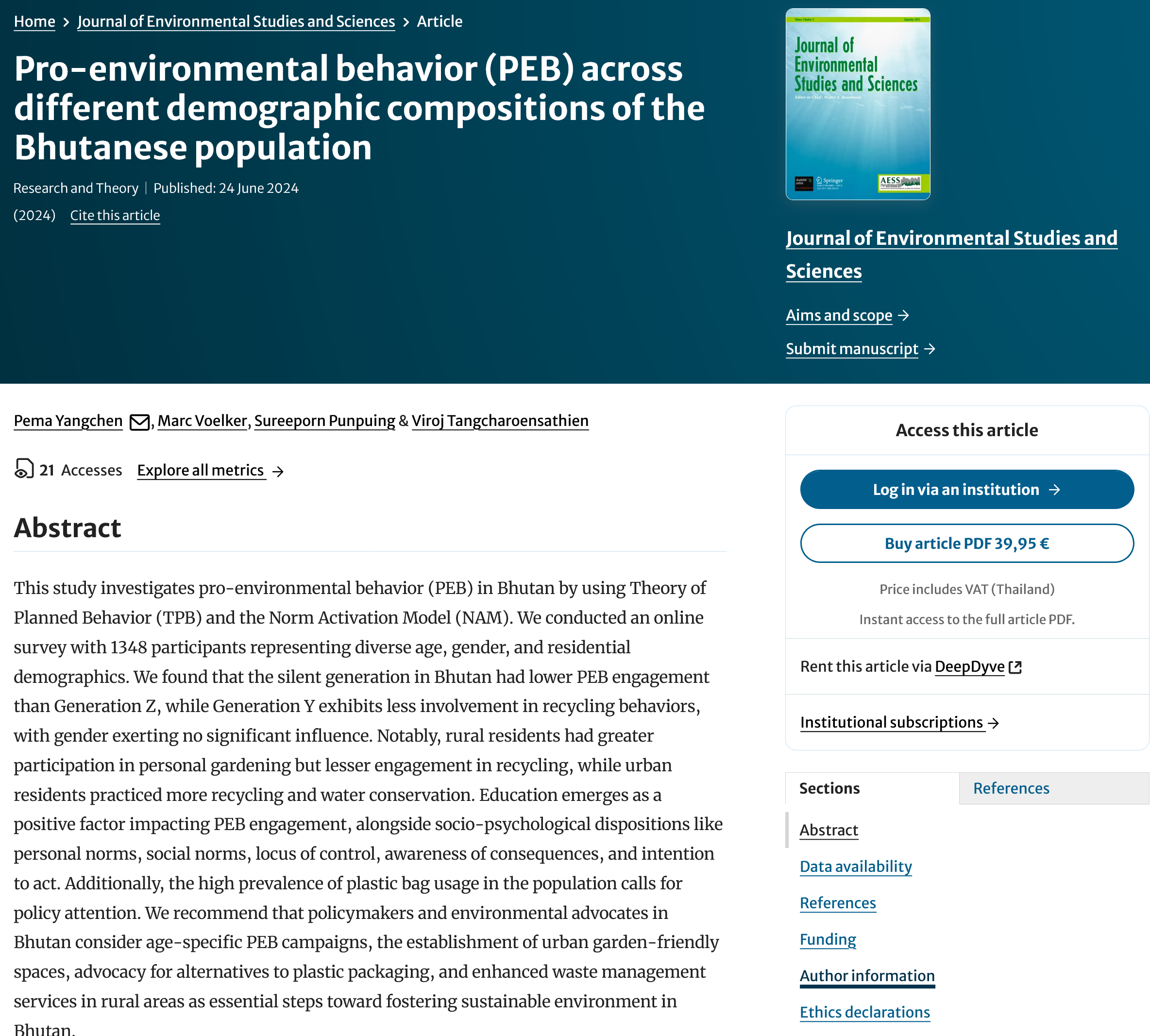 Pro-environmental behavior (PEB) across different demographic compositions of the Bhutanese population