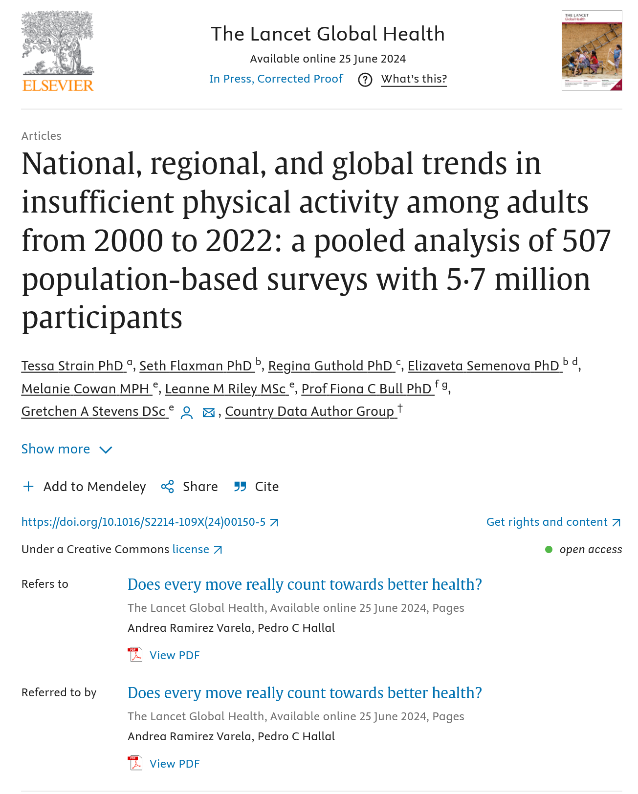 National, regional, and global trends in insufficient physical activity among adults from 2000 to 2022: a pooled analysis of 507 population-based surveys with 5·7 million participants