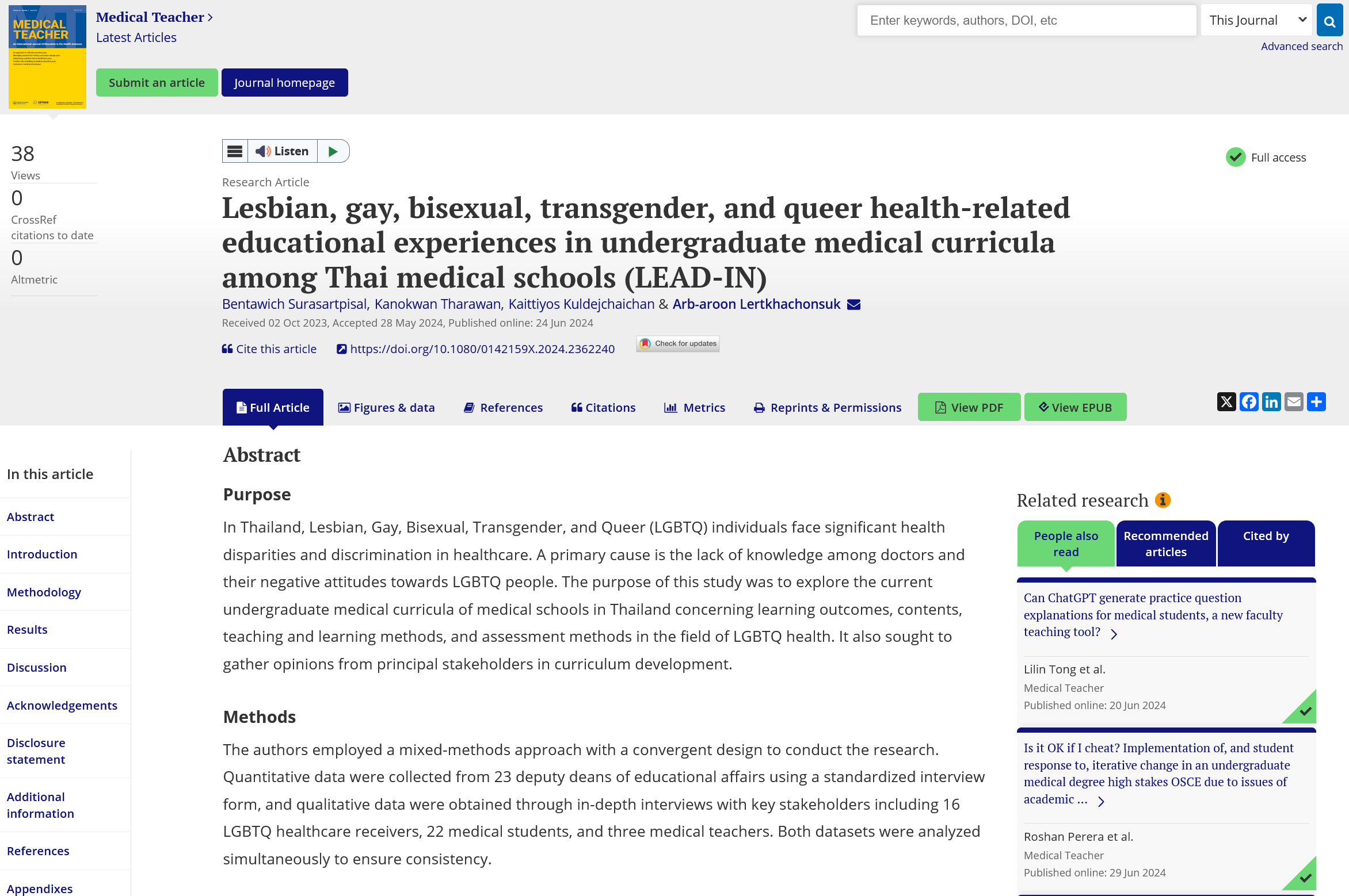 Lesbian, gay, bisexual, transgender, and queer health-related educational experiences in undergraduate medical curricula among Thai medical schools (LEAD-IN)