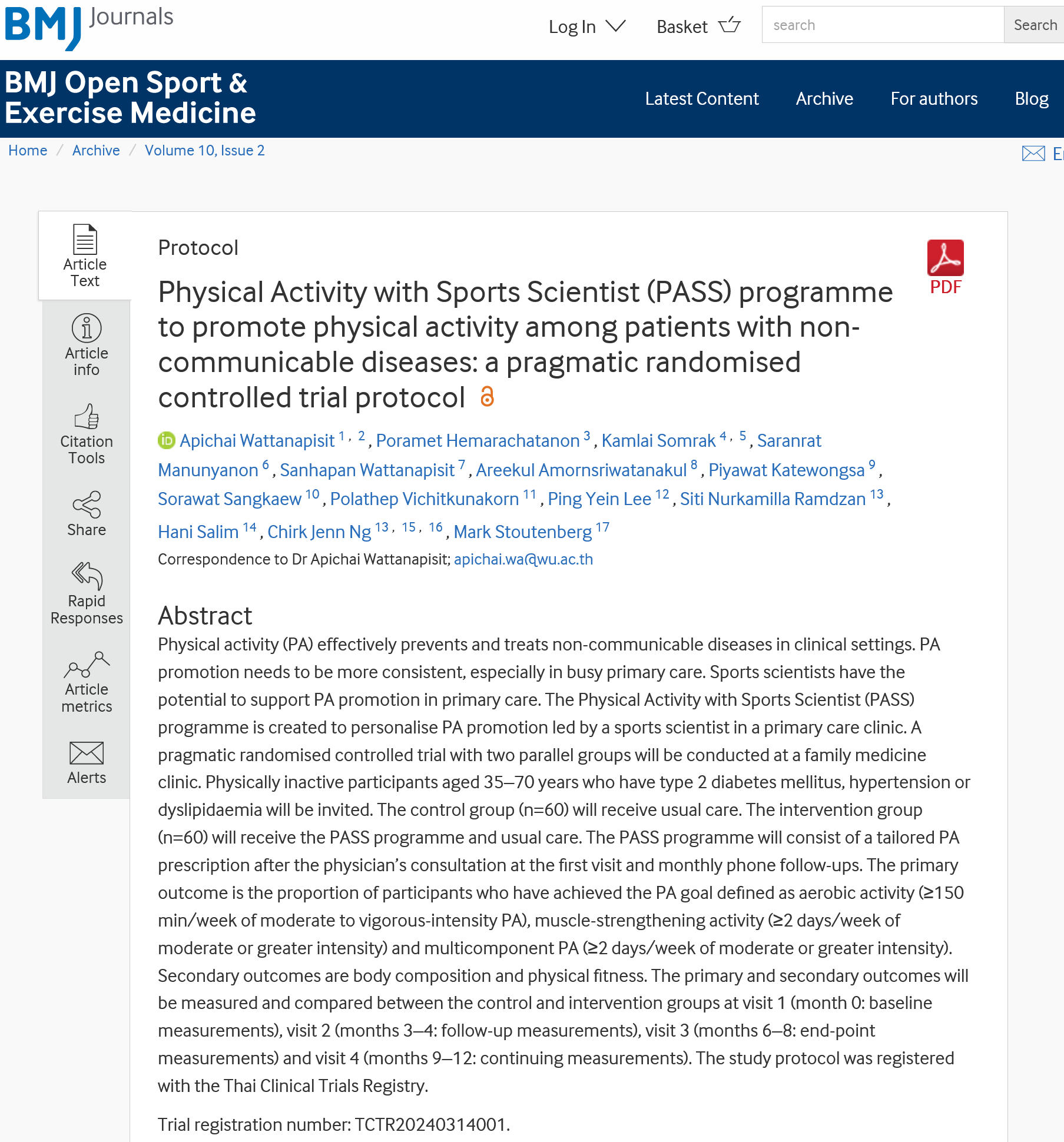Physical Activity with Sports Scientist (PASS) programme to promote physical activity among patients with non-communicable diseases: a pragmatic randomised controlled trial protocol