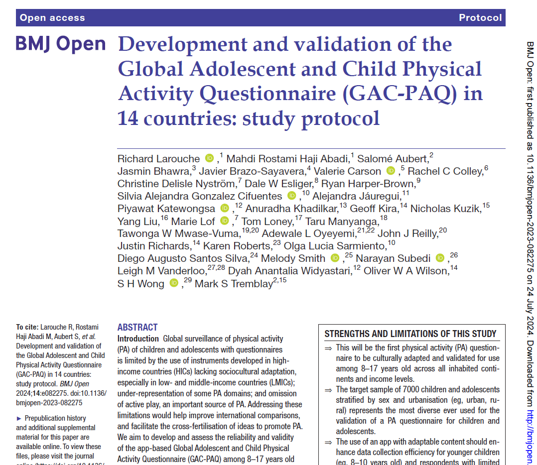 Development and validation of the Global Adolescent and Child Physical Activity Questionnaire (GAC-PAQ) in 14 countries: study protocol