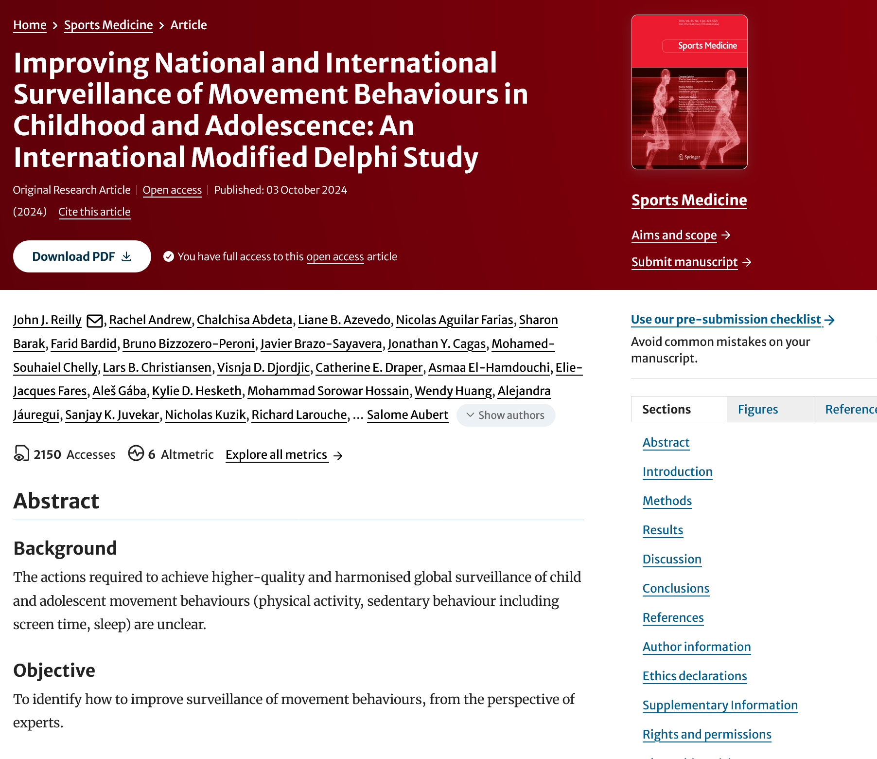 Improving National and International Surveillance of Movement Behaviours in Childhood and Adolescence: An International Modified Delphi Study