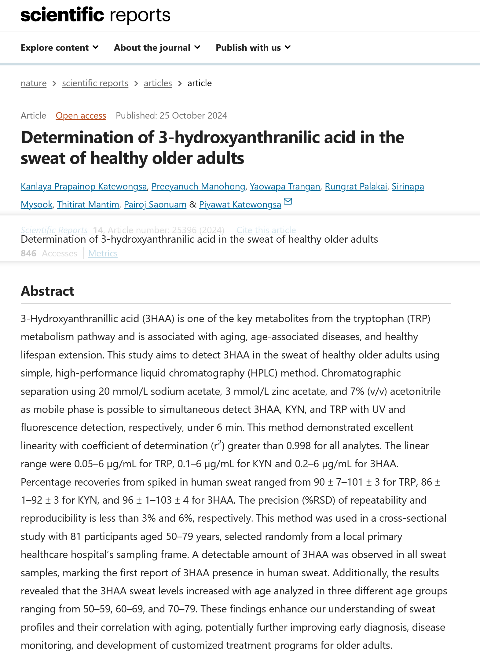 Determination of 3-hydroxyanthranilic acid in the sweat of healthy older adults