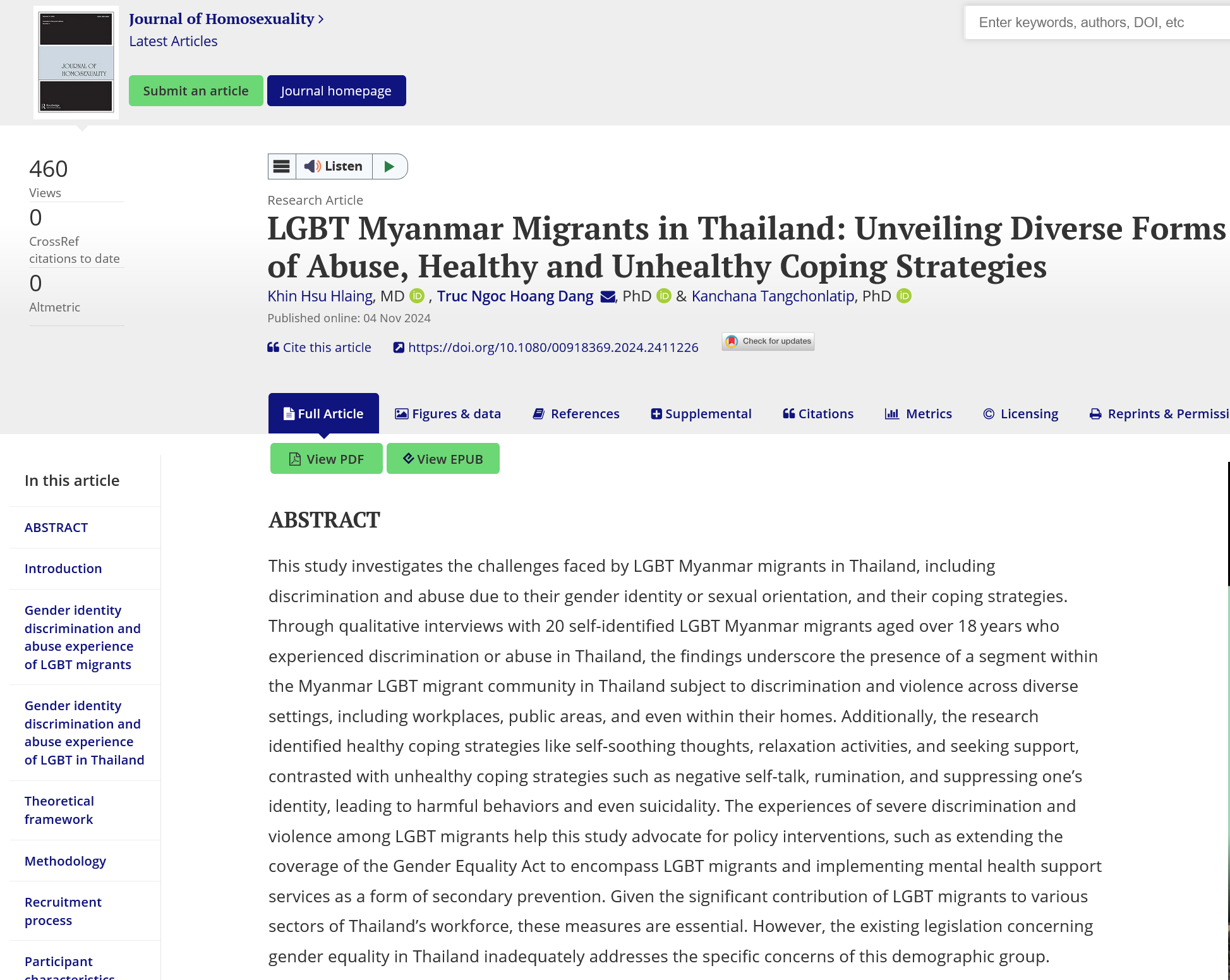 LGBT Myanmar Migrants in Thailand: Unveiling Diverse Forms of Abuse, Healthy and Unhealthy Coping Strategies