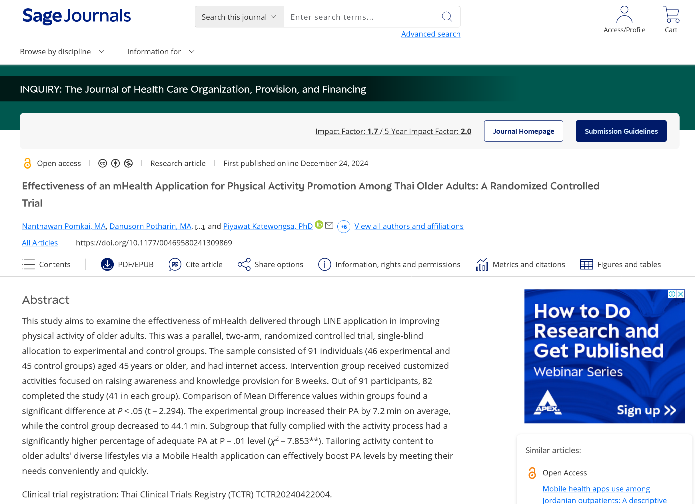 Effectiveness of an mHealth Application for Physical Activity Promotion Among Thai Older Adults: A Randomized Controlled Trial