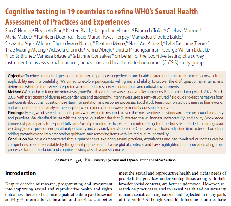 Cognitive testing in 19 countries to refine WHO’s Sexual Health Assessment of Practices and Experiences