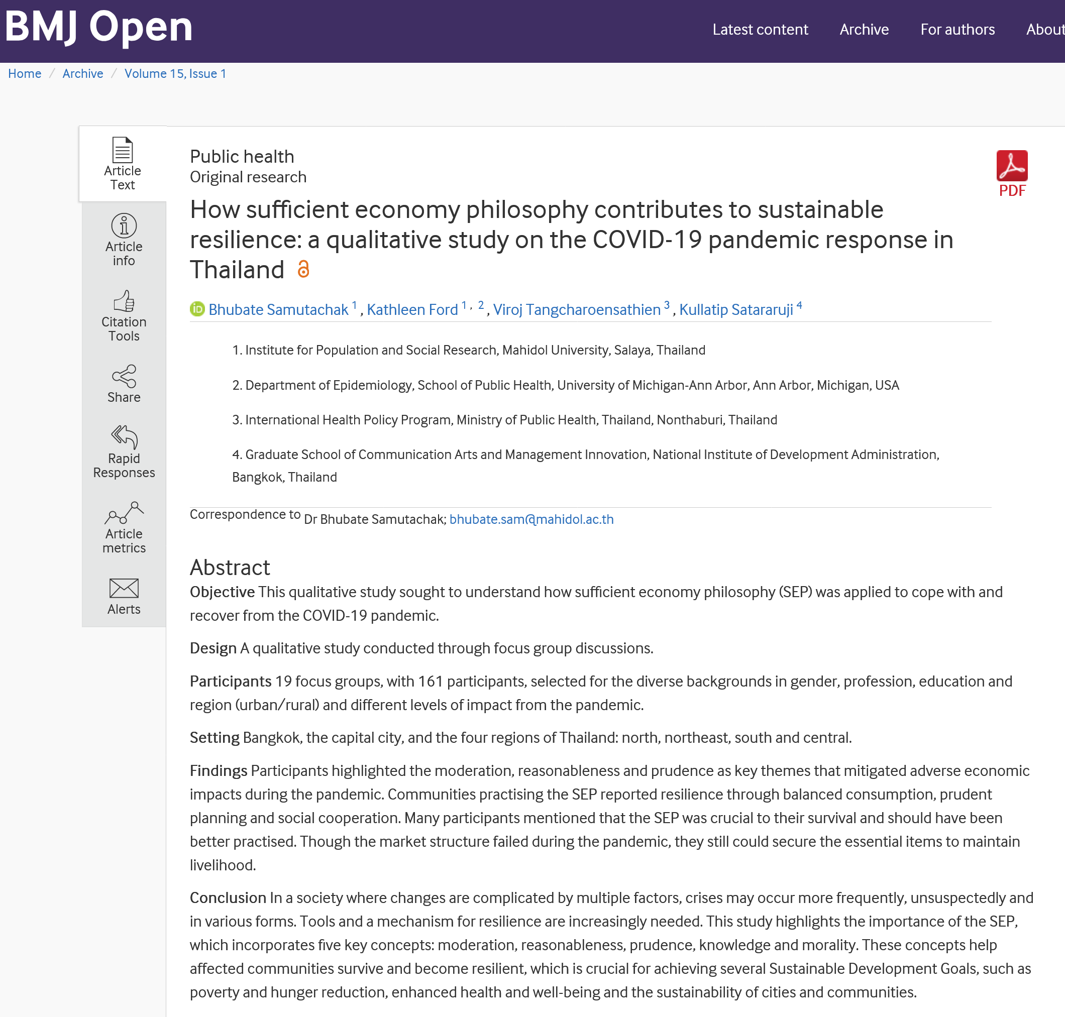 How sufficient economy philosophy contributes to sustainable resilience: a qualitative study on the COVID- 19 pandemic response in Thailand