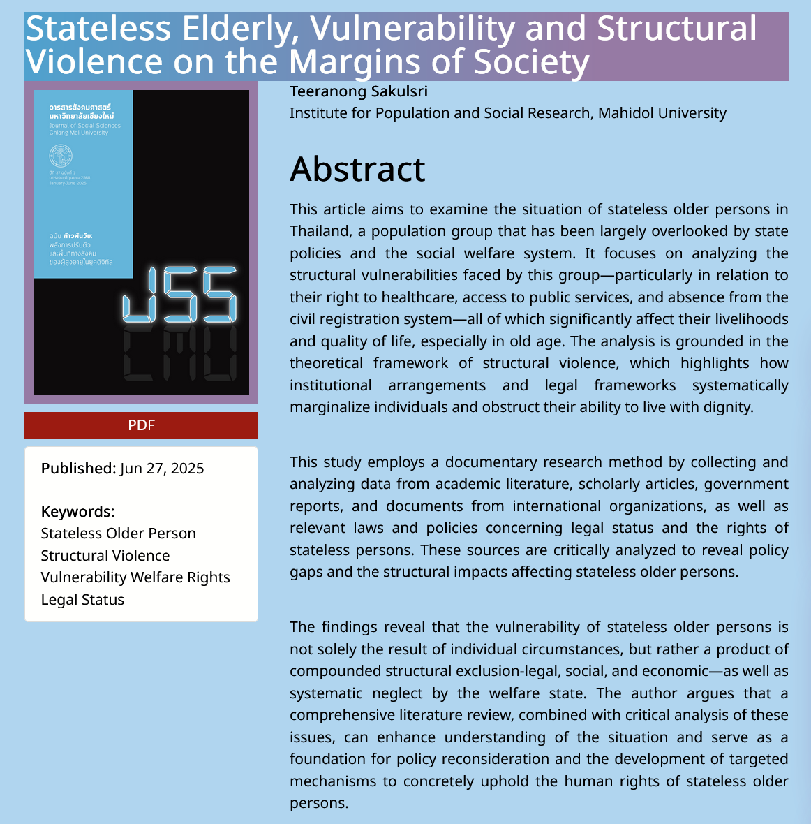 ผู้สูงอายุไร้สัญชาติ ความเปราะบาง และความรุนแรงเชิงโครงสร้างของสังคม