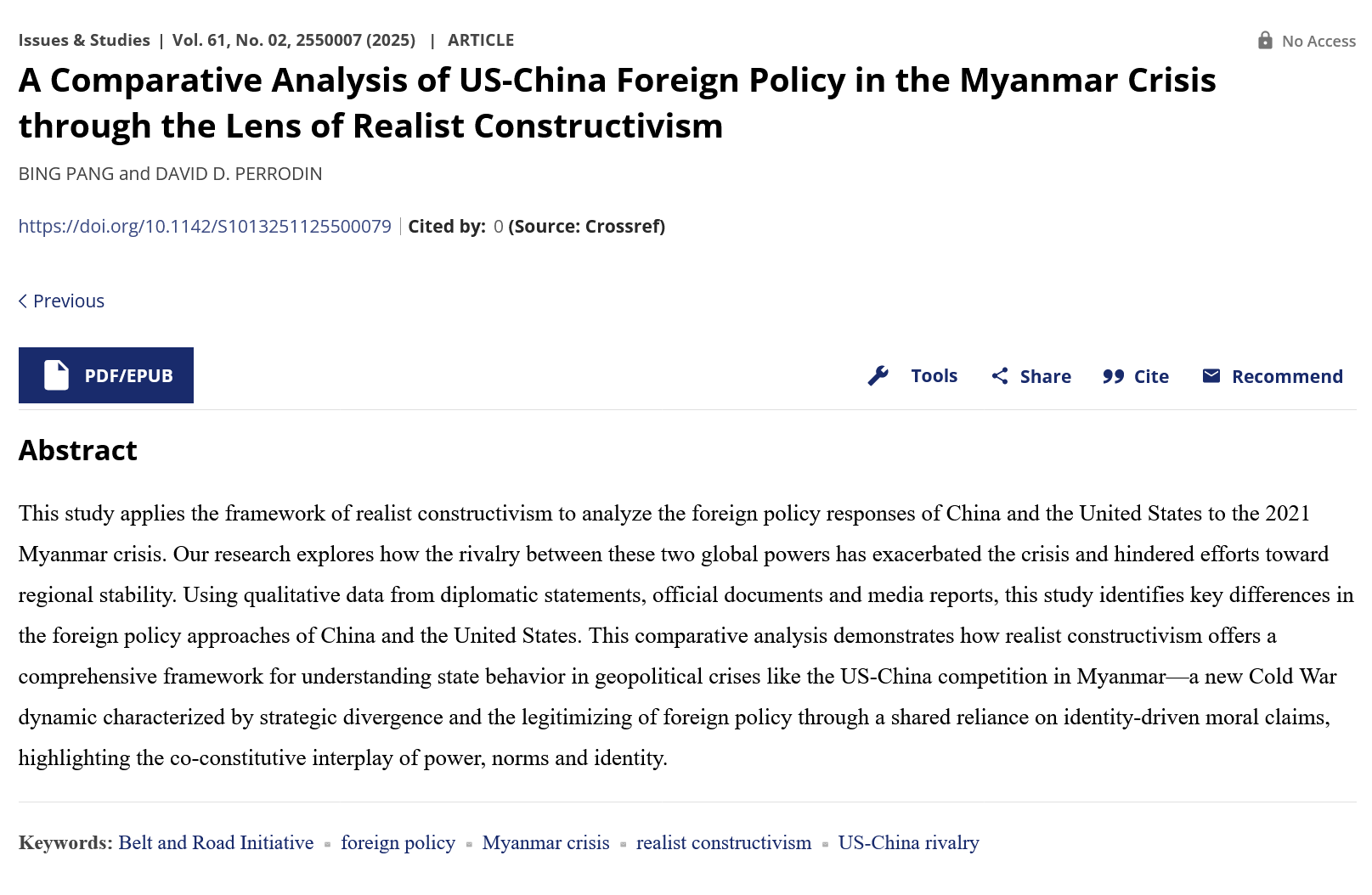 A Comparative Analysis of US-China Foreign Policy in the Myanmar Crisis through the Lens of Realist Constructivism