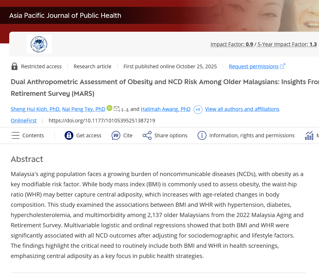 Dual Anthropometric Assessment of Obesity and NCD Risk Among Older Malaysians: Insights From the Malaysia Aging and Retirement Survey (MARS)