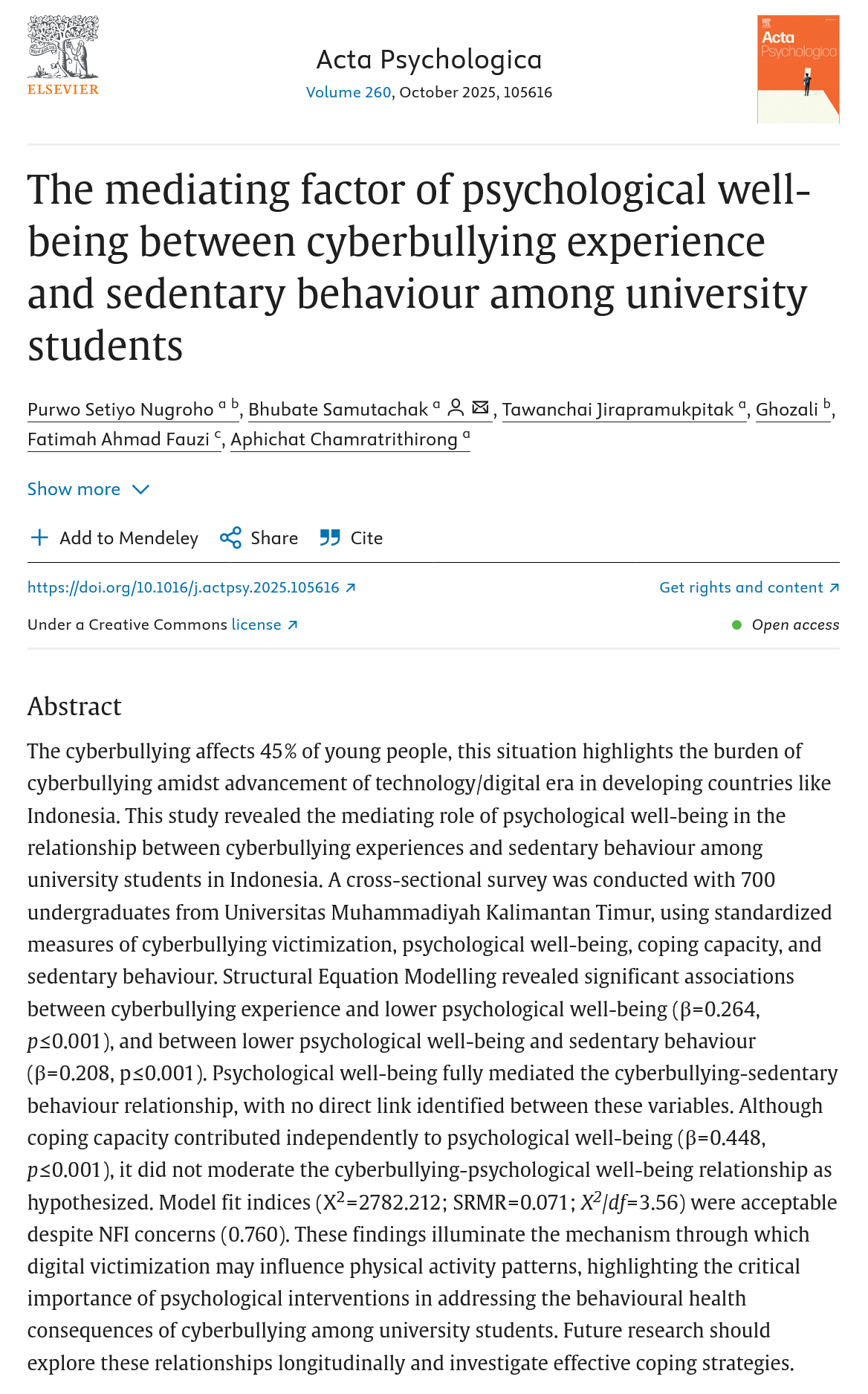 The mediating factor of psychological well-being between cyberbullying experience and sedentary behaviour among university students