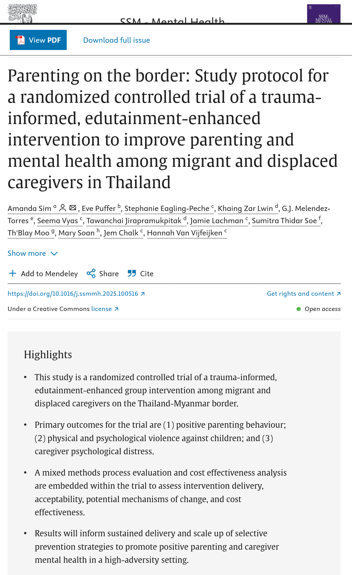 Parenting on the border: Study protocol for a randomized controlled trial of a trauma-informed, edutainment-enhanced intervention to improve parenting and mental health among migrant and displaced caregivers in Thailand