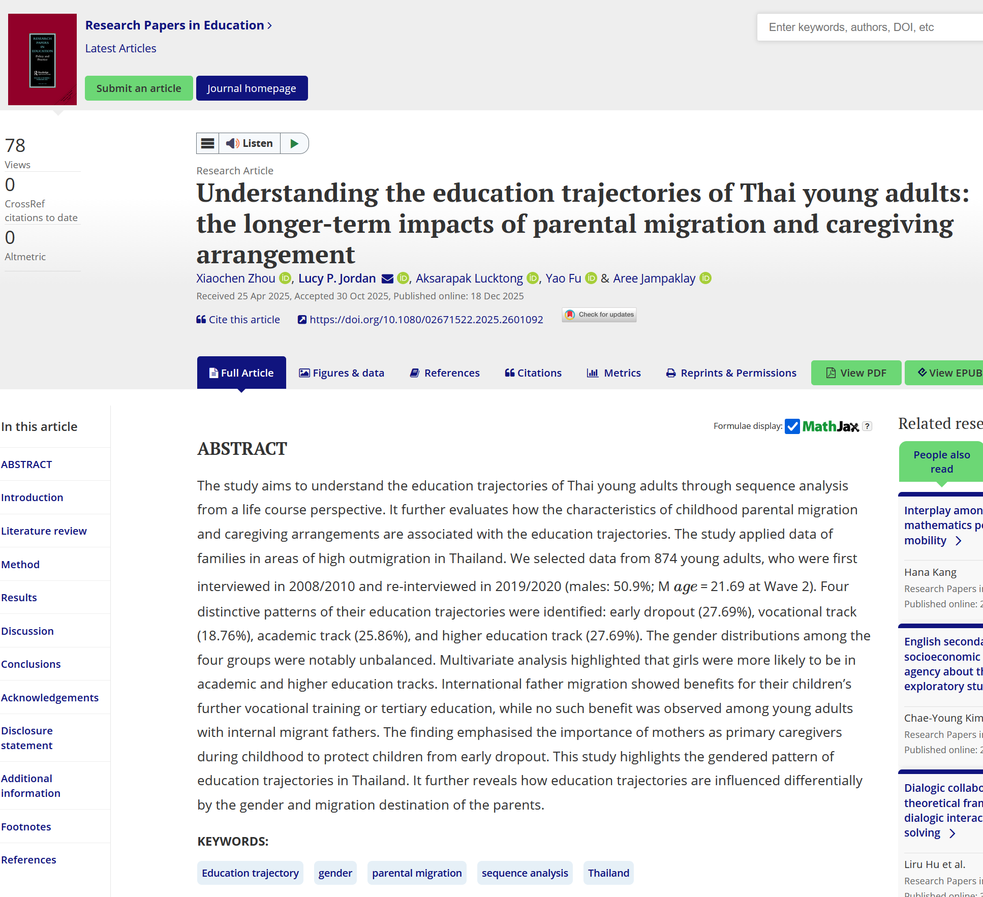 Understanding the Education Trajectories of Thai Young Adults: The Longer-term Impacts of Parental Migration and Caregiving Arrangement