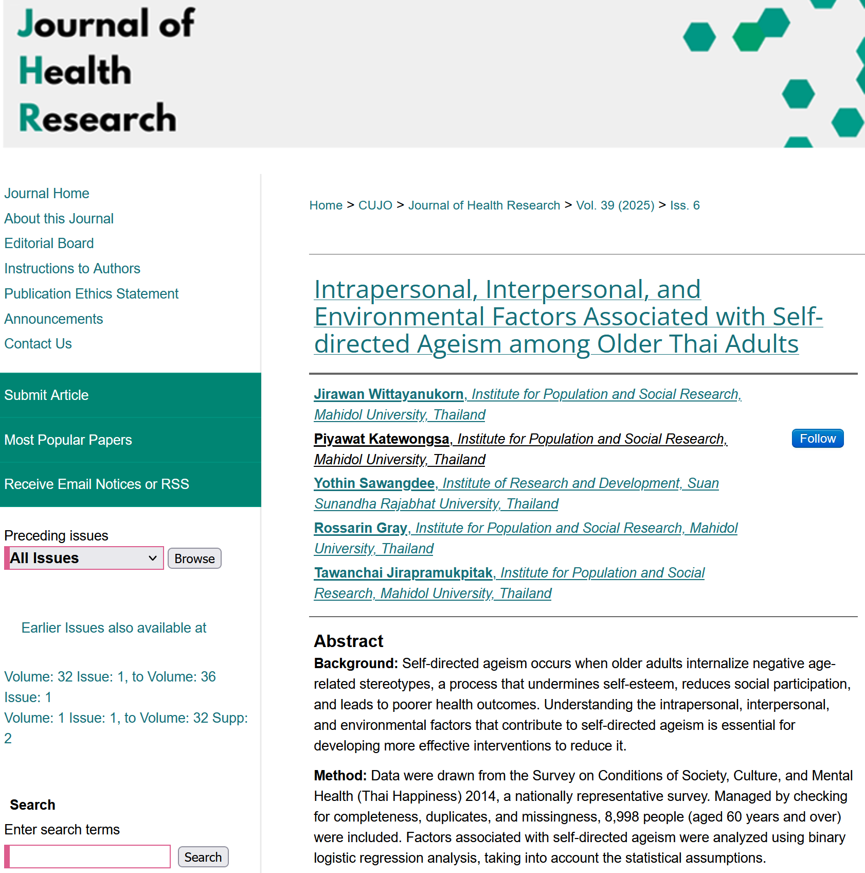Intrapersonal, Interpersonal, and Environmental Factors Associated With Self-directed Ageism Among Older Thai Adults